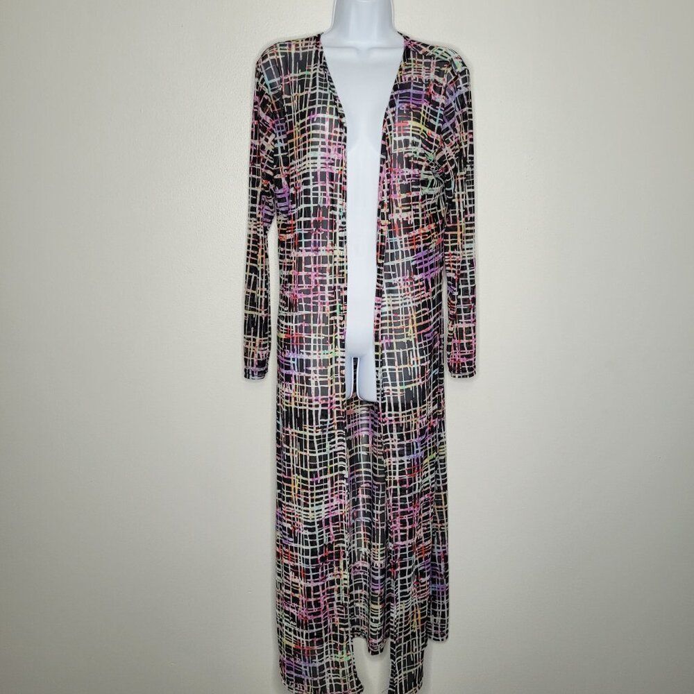 NYC multicolor maximalist electric artsy funky semi sheer side slits duster L